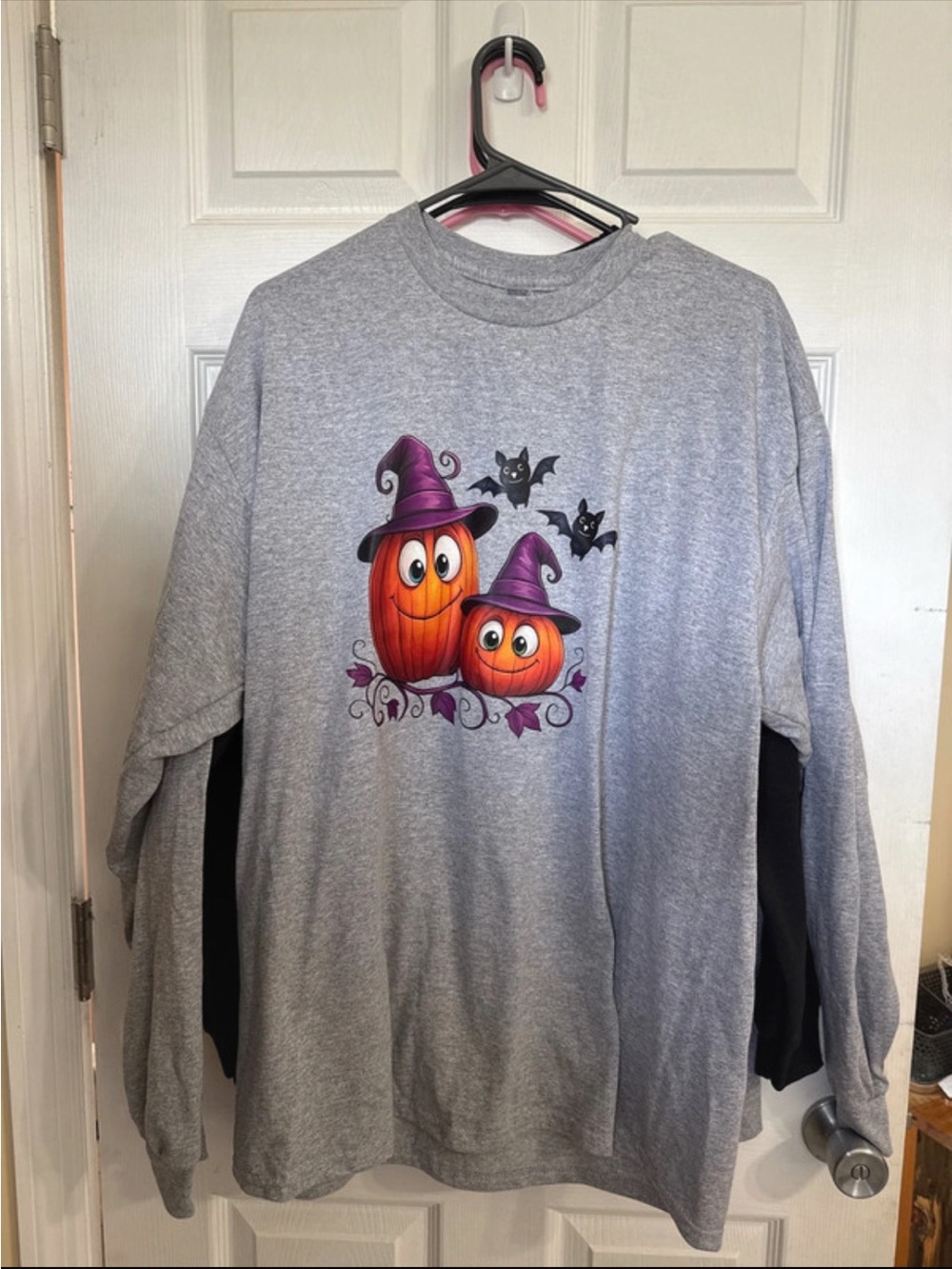 Gildan Gray Long Sleeve Tee with Orange Pumpkin Graphic and Purple Hats